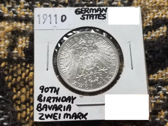 German States - Bavaria 2 Mark 1911 D - 90th Birthday - Silver Uncirculated