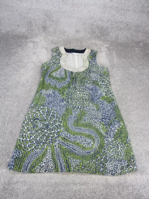 Trina Turk Shift Dress Womens 8 Navy Blue Print Embroidered Sleeveless