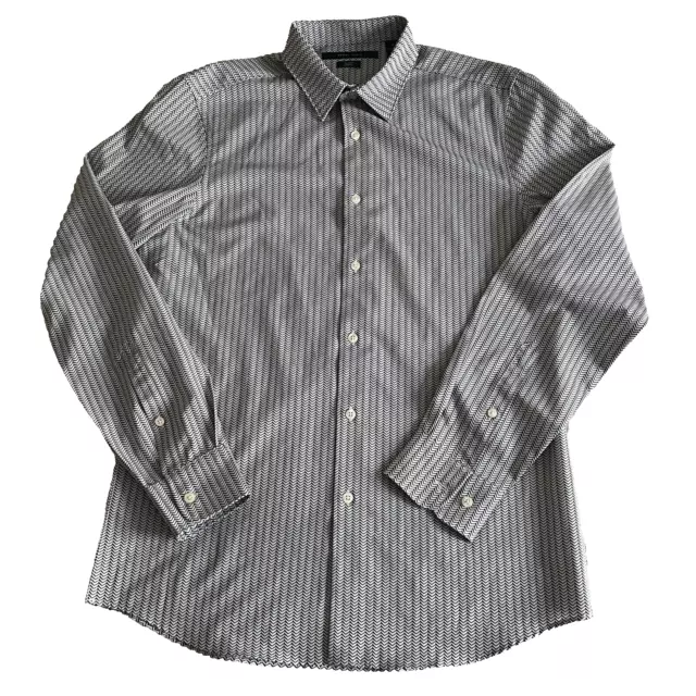 Perry Ellis Men's White Dark Green Chevron Slim Fit Button Up Shirt M Stretch