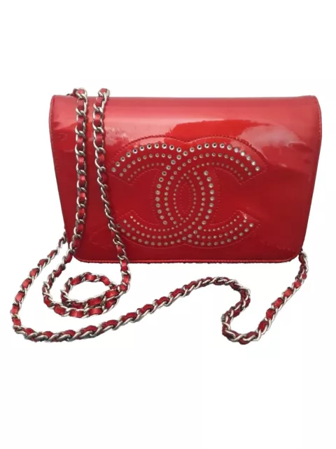 CHANEL CHERRY RED Patent Leather Wallet On Chain Crossbody Bag WOC EUR ...