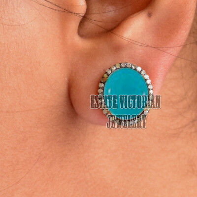 Gorgeous 1.21Ctw Rose Cut Diamond Silver Turquoise Vintage Studs Earring Jewelry