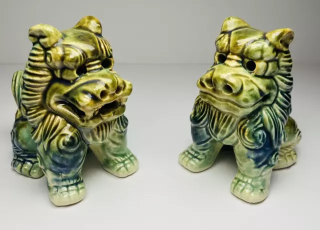 Chinese Foo Dogs Fu Lion Pair Blue Green 3.75" Tall Set of 2 Ceramic Art Pottery