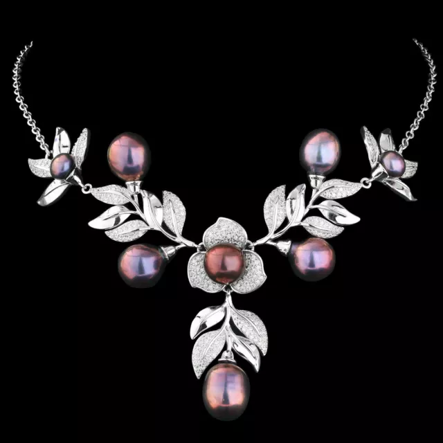 Natural 12X10Mm Tahitian Freshwater Pearl & Cz Leaf Design Silver 925 Necklace