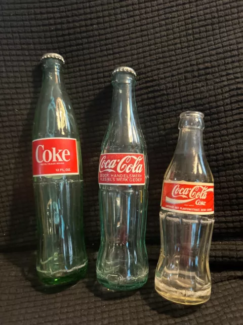 THREE Vintage Clear Glass with Original Labels Coca-Cola Bottles