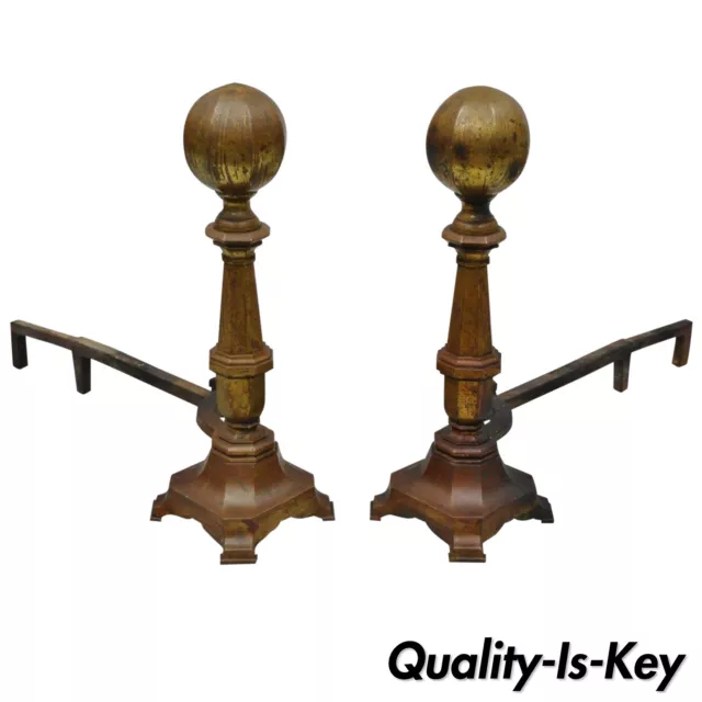 Pair of 19th Century American Federal Brass Cannonball Andirons w/ Aged Patina