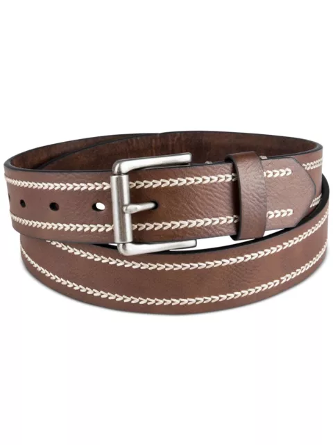 SUN STONE Mens Brown Heavy Stitch Faux Leather Casual Belt M 34-36