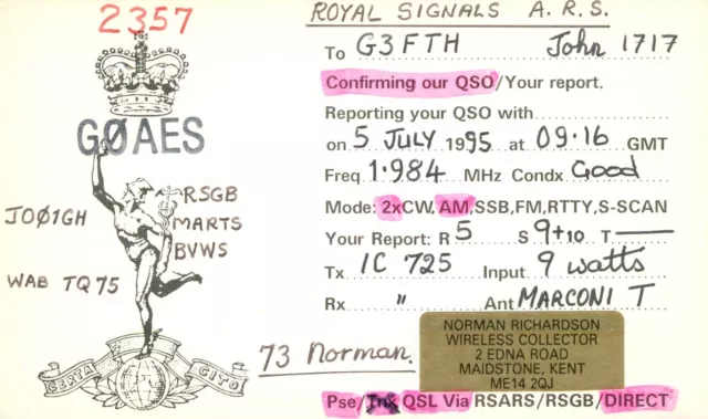 1 x QSL Card Radio UK RSARS 2357 G0AES Ringlestone Kent 1995 ≠ T1022