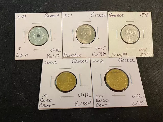 Greece  1954  To  2002  5  Coin  Lepta Drachmai Cent   Unc  Lot   H39