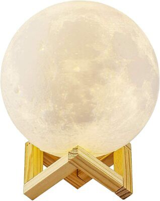 Lampada Tavolo Forma Luna 3D 13 Cm Luce Notturna Led Ricarica Usb Supporto Legno