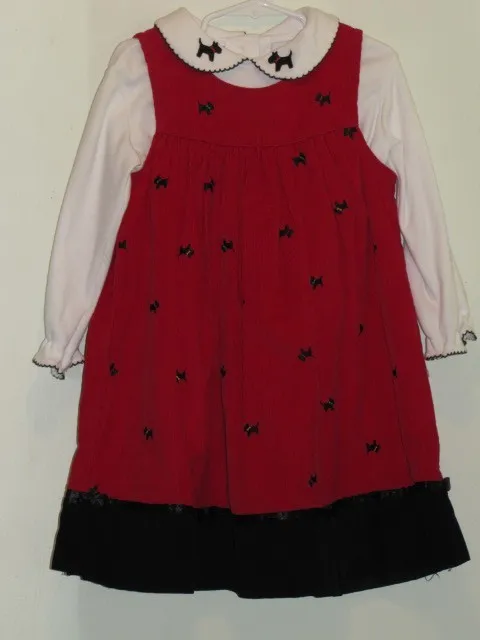 Samantha Says Red Corduroy SCOTTIE DOGS Jumper Dress w/ White Pullover Top, Sz 4