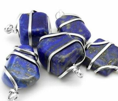 Blue Lapis Lazuli Silver Wire Wrap Pendant HANDMADE Stone Chakra Crystal Necklac