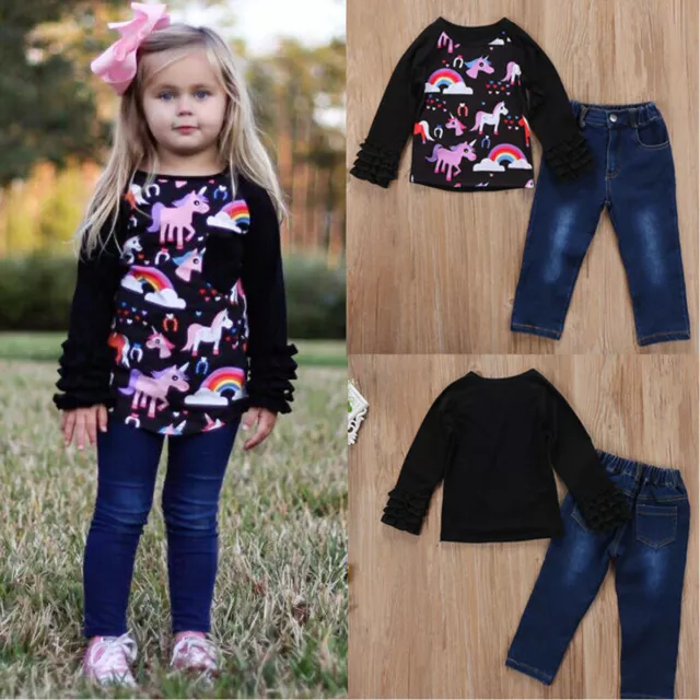 2PCS Kids Girls Long Sleeve Unicorn Top + Denim Jean Pant Sets Clothes Outfits