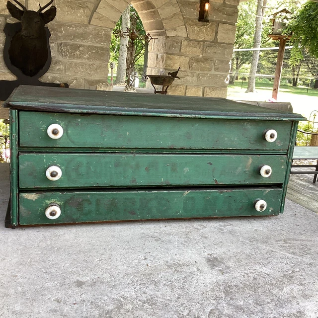 Antique Primitive Clarks Spool Cabinet Original Paint Hardware 3 Drawer Patina