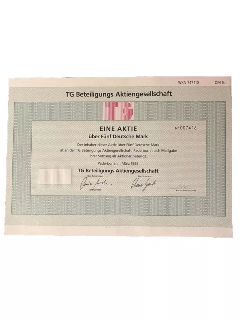 TG Beteiligungs AG 5 DM Aktie unentwertet vollständiger Bogen Paderborn 1995