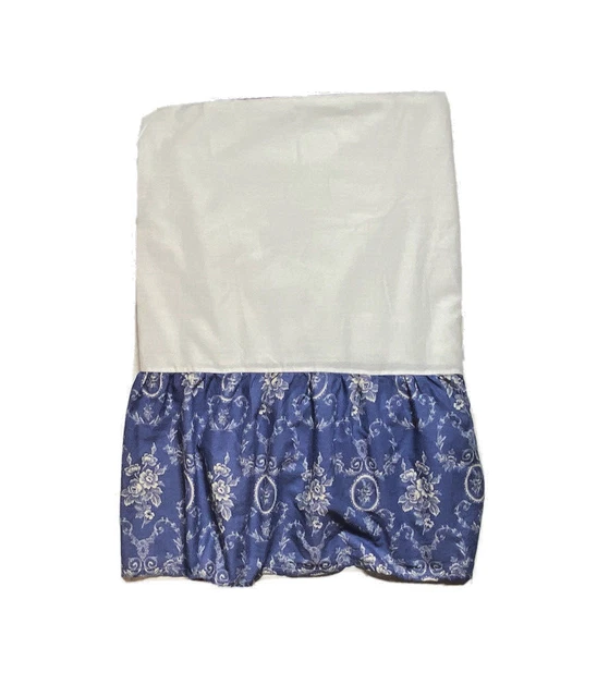 Vintage 90s Full Size Bedskirt Blue White French Victorian Toile Print Pattern