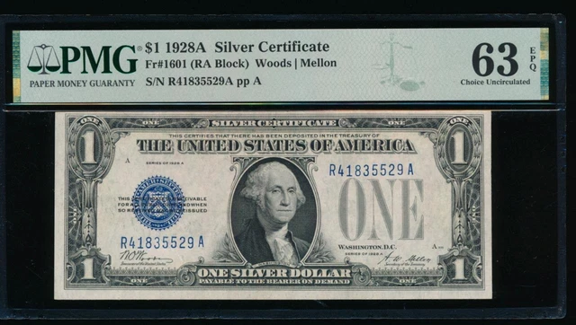 AC 1928A $1 Silver Certificate PMG 63 EPQ R-A block  Fr 1601