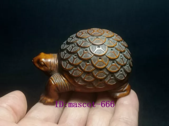 Rare Japanese boxwood hand carved coin turtle Figure statue collectable