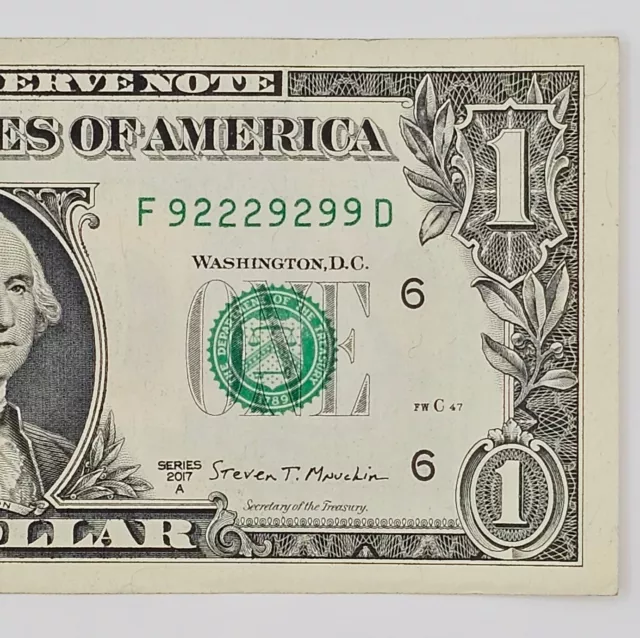 Binary 1 Dollar Bill Fancy Serial Number F 92229299 D 2017A FREE SHIPPING!