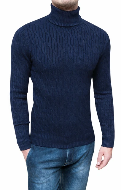 Maglione dolcevita uomo blu scuro invernale a trecce slim fit lana S M L XL XXL