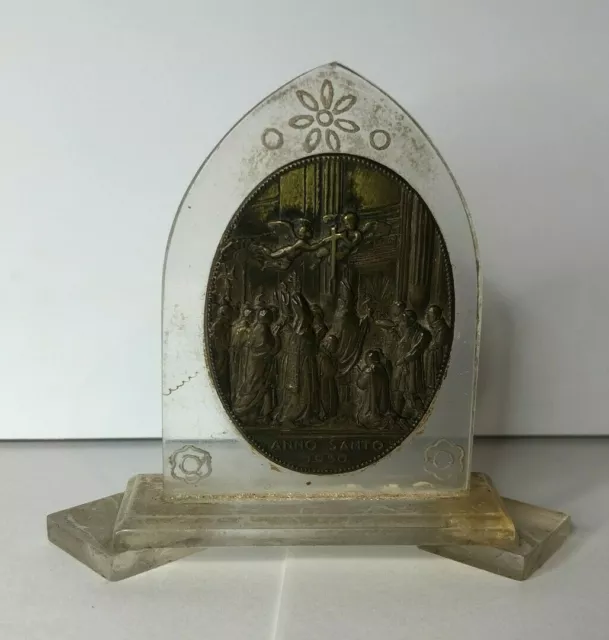 1950 Catholic ANNO Santo Religious Papal Souvenir Metal & perspex 6 x 8 cm's