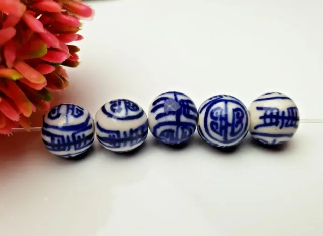 5 X  dutch beads / Keramik Perlen mit blauen chinesischen Muster