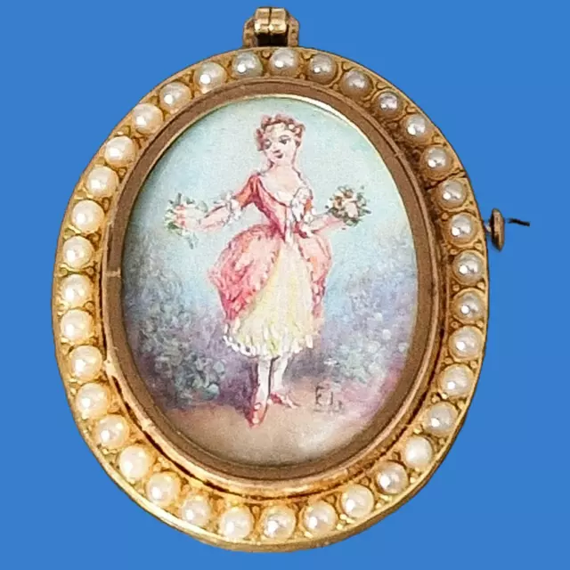 Antique peinture miniature femme signée EJ bijou broche / pendentif perles