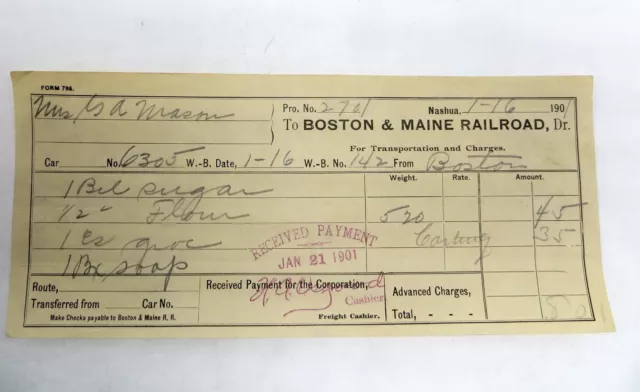 Vintage 1901 Boston & Maine Railroad Freight Receipt