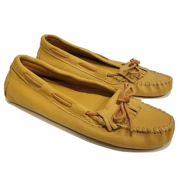 MINNETONKA Kilt Driving Moccasin Loafers Tan Yellow Leather Bow Shoes Women's 10