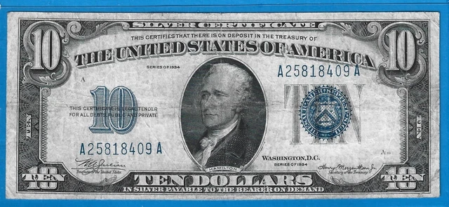 1934 $10 Silver Certificate Note,Blue Seal,Circ VF,Nice!