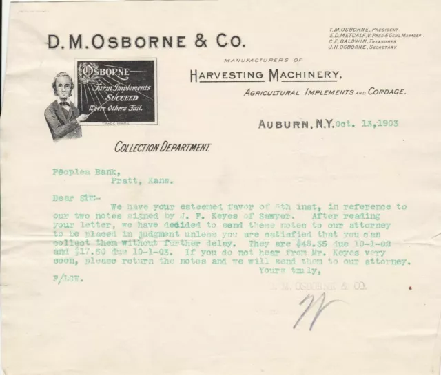 U.S. D. M. Osborne & Co. 1903 Auburn NY. Logo Harvest. Machinery Invoice Rf43828