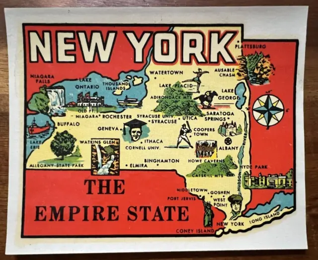 Original Vintage NEW YORK TRAVEL Water DECAL empire state map hyde utica cooper