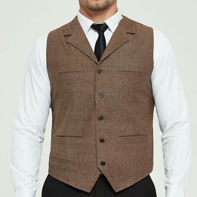 Mens Vintage Tweed Waistcoat Wool Blend Herringbone Lapel Slim Fit Vest Formal