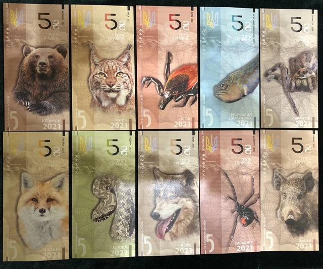 Ukraine set 10 banknotes 5 Hryven 2021 UNC representatives of the fauna Suvenir