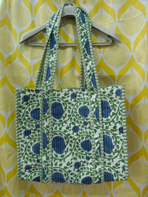 Handgefertigte Kantha-Einkaufstasche aus 100 % reiner Baumwolle mit blauem...