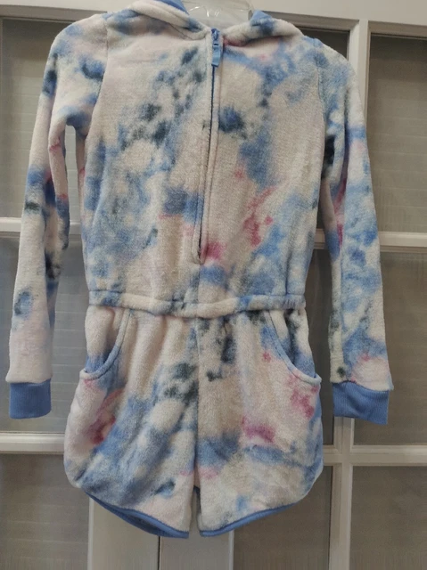 Girls Art Class One Piece Hooded Pajamas Romper Size Large 10/12 blue white
