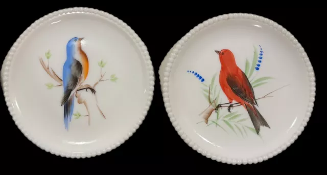 Vtg White Milk Glass Westmoreland Glass Plate Hand Painted Bluebird Cardinal Set