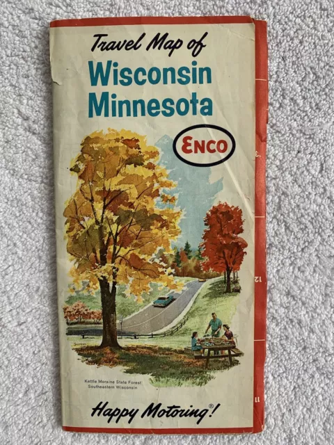 Vintage 1963 Enco Travel Map Wisconsin Minnesota State Highway Great Graphics