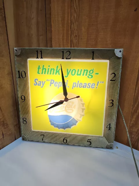 Vintage "Think Young Say Pepsi, please” Light Up Square Clock AS IS