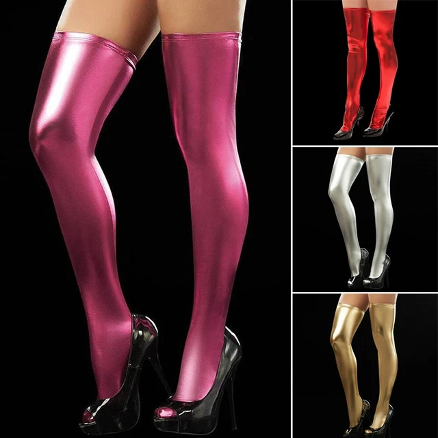 Leggings donna pelle PU wetlook clubwear coscia calze alte calze sexy