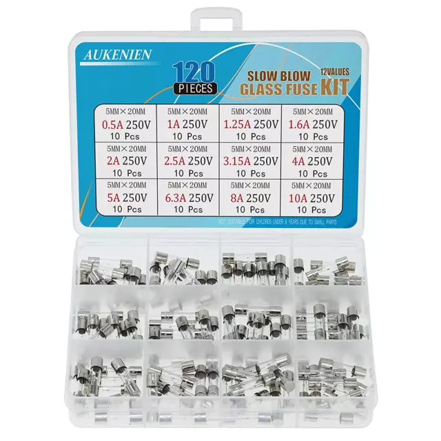 AUKENIEN 12 Valeurs 120 Pièces 250V Fusible À Action Lente En Verre Temporisé T