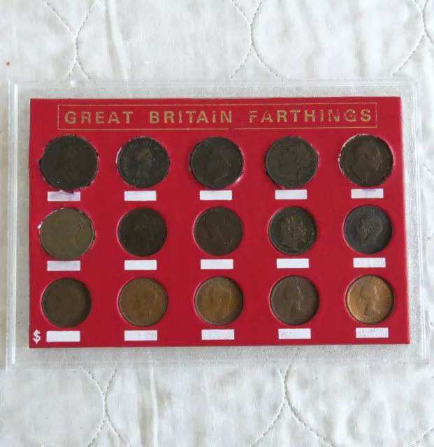 BRONZE 15 COIN FARTHING TYPE SET GEORGE III TO ELIZABETH II - cased