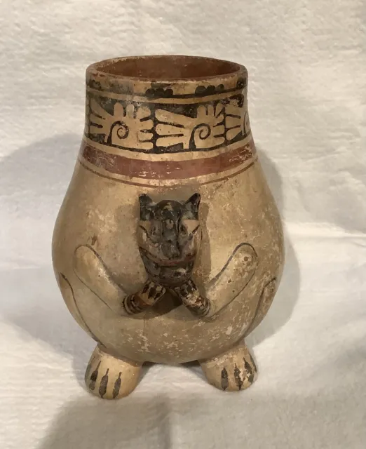 Antique South America Jaguar Head Tripod Effigy Jar