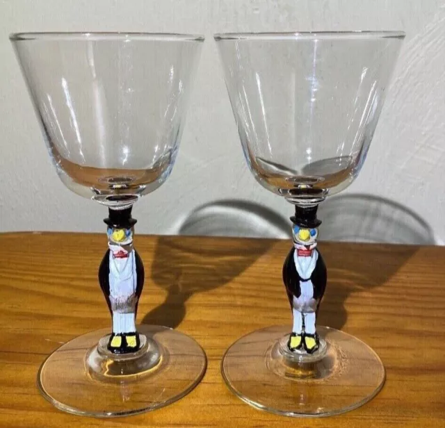 RARE Pair of Vintage Hand Painted Tuxedo OLD CROW Cordial Wine Bourbon Glasses