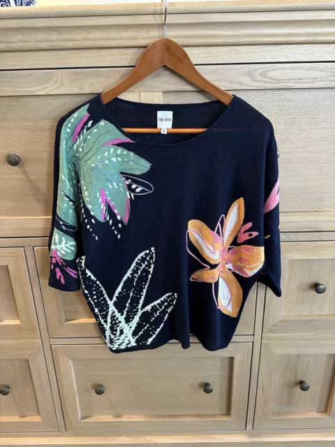 Nic & Zoe Navy Floral Embrodiered Pullover Wide Linen Blend Sweater/Top - Size M
