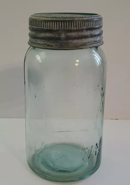 Antique 7" Aqua Blue Glass CROWN Canning Jar w/_ Aqua Blue Glass & Zinc Lid.1920