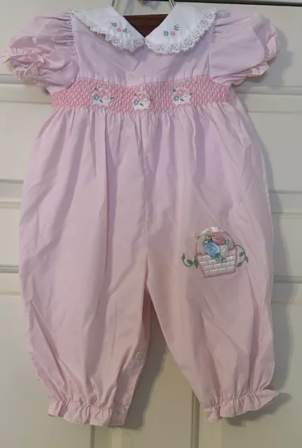 Vintage Baby Girl 6-9 Month Smocked Romper White And Pink