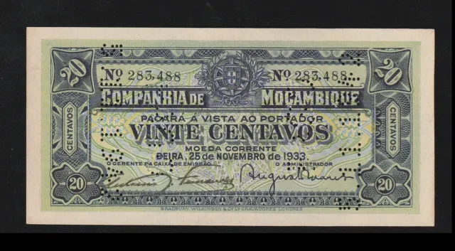 Mozambique, 20 Centavos, 1933, Portugal, Pick R29, Perforated UNC ***