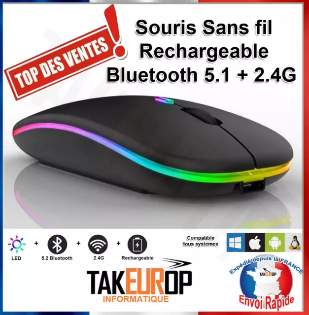 Souris sans fil rechargeable Bluetooth 5.1 + 2.4G ultra-mince silencieuse Mouse