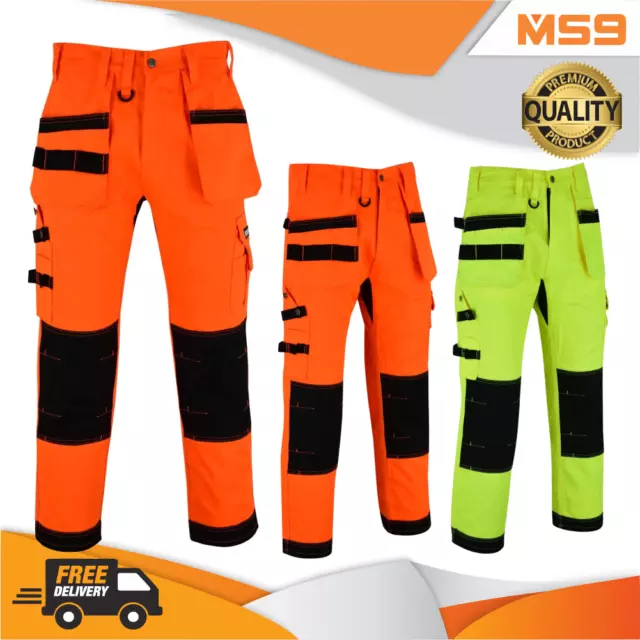 MS9 Mens Hi Viz Vis High Visibility Cargo Work Trousers Pants Jeans