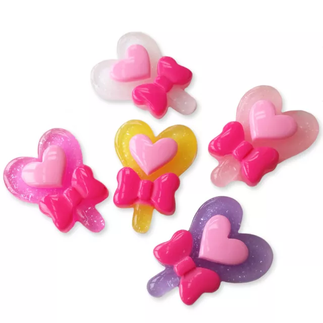 5pcs Glitter Heart Lolly Resin Flatback Cabochons Embellishment Kawaii Craft